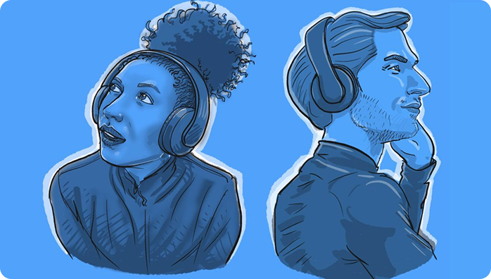 Illustration d'une femme et un homme avec des écouteurs sur leurs oreilles.
